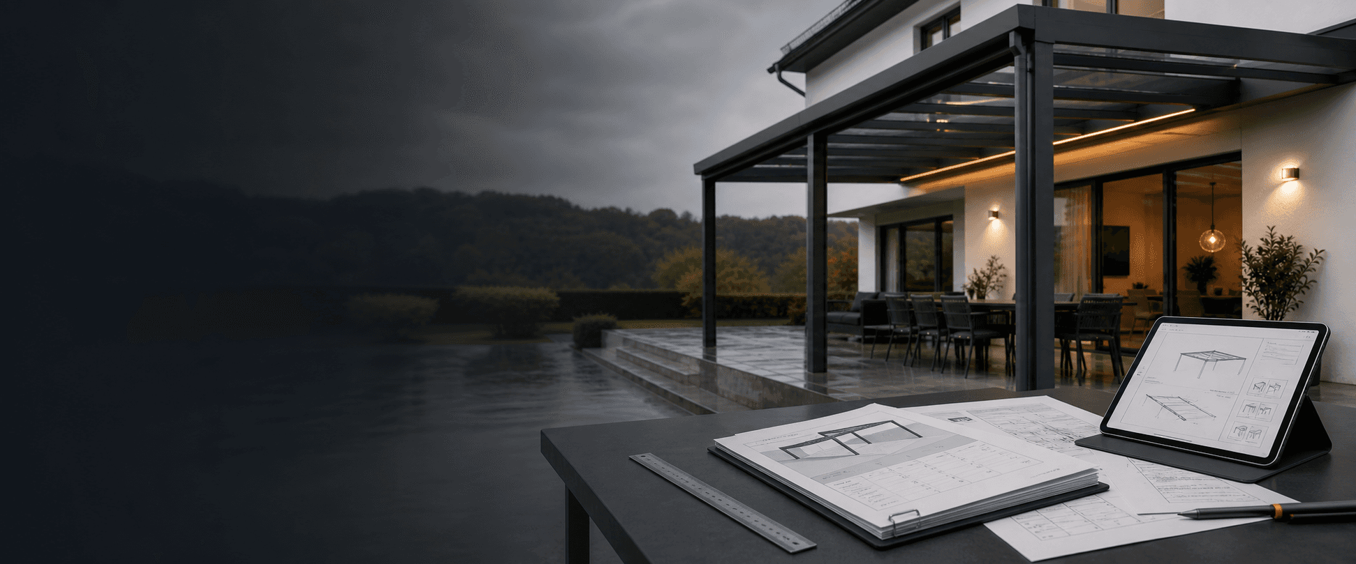 Visualisierung einer Angebotsprüfung mit Planunterlagen, Tablet und Aluminium-Terrassenüberdachung