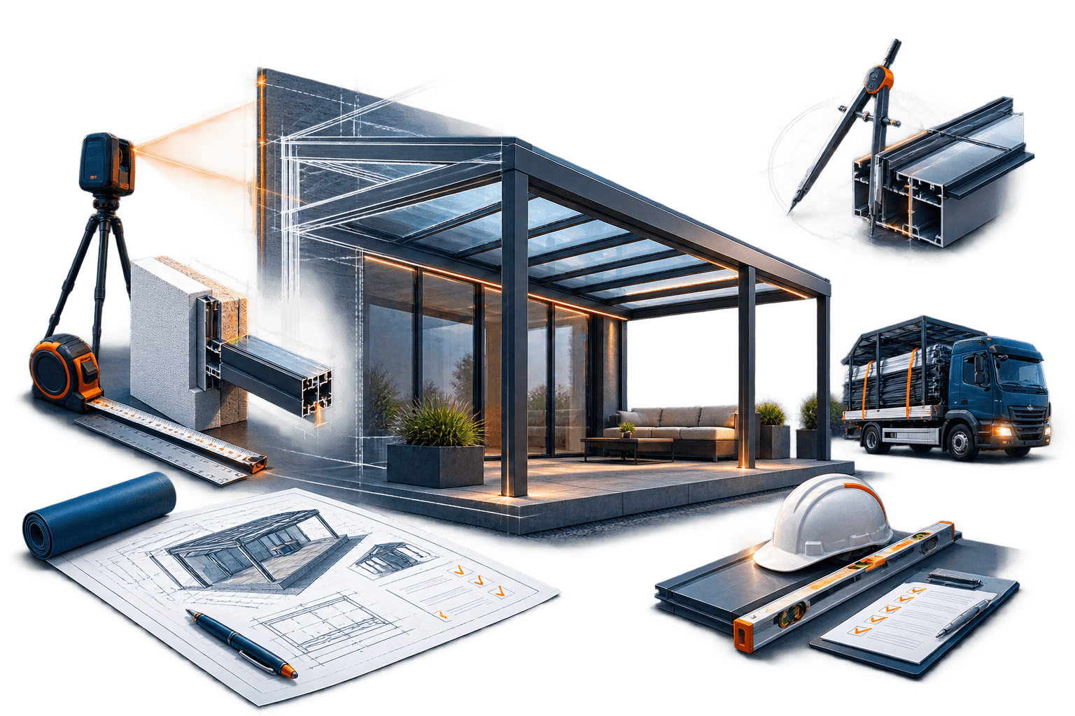 Technische Visualisierung von Aufmaß, Planung, Lieferung und Montage einer Aluminium-Überdachung