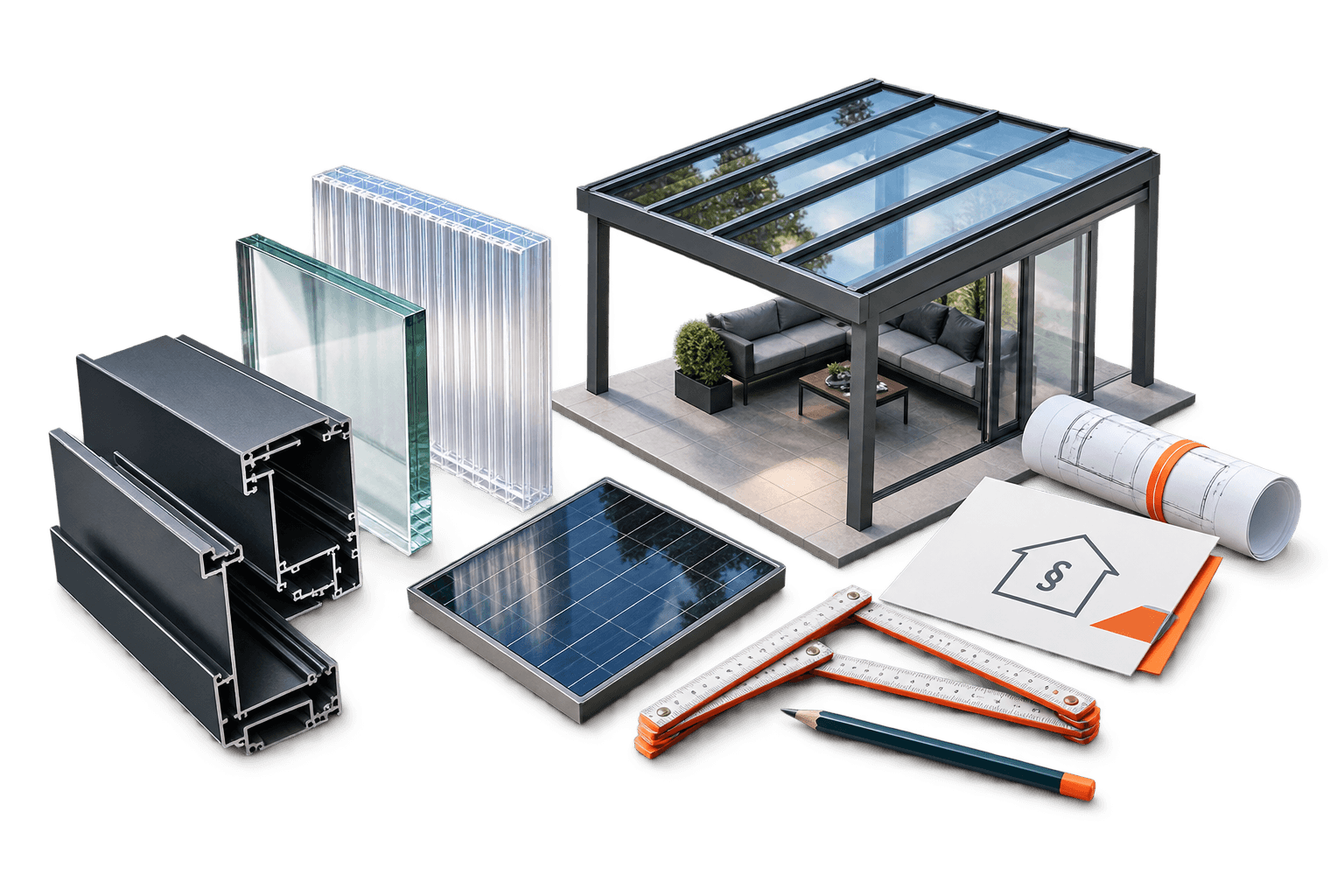 Materialmuster, Aluminiumprofile, Glas, Polycarbonat und Planungsunterlagen als Visualisierung