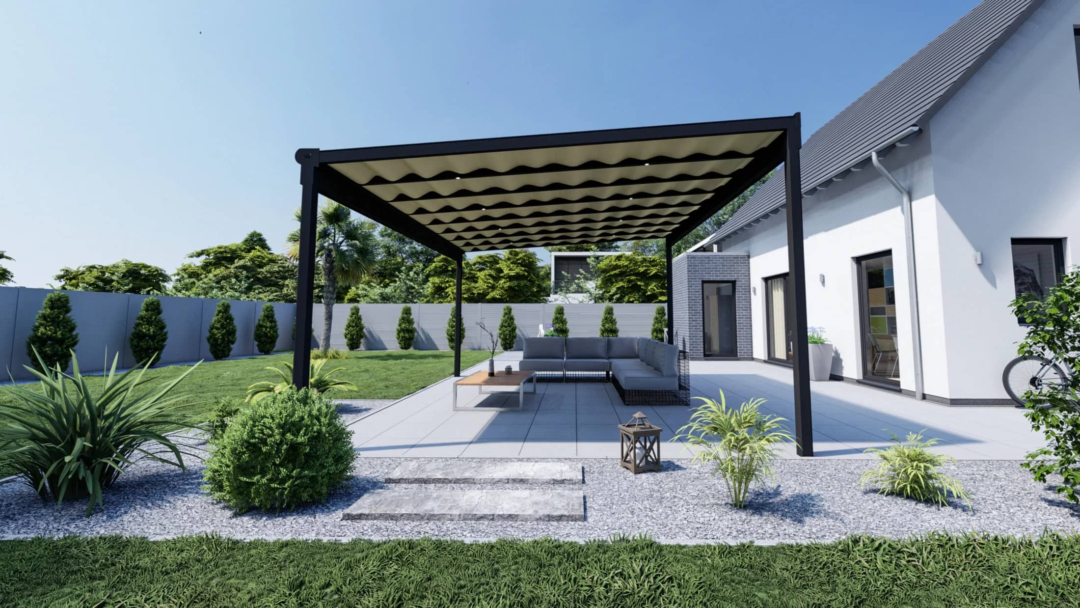 Visualisierung einer freistehenden Aluminium-Terrassenüberdachung