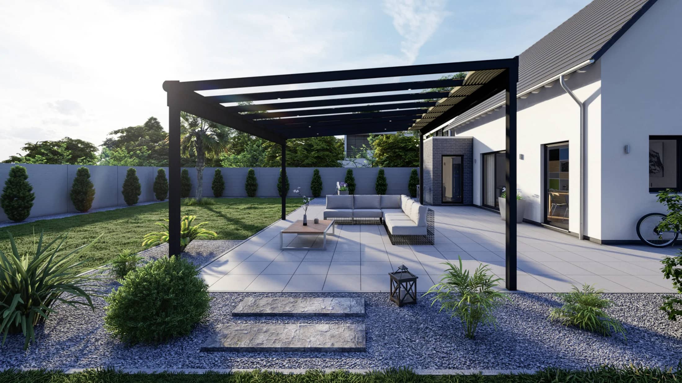 Visualisierung einer modernen Aluminium-Terrassenüberdachung Alpha