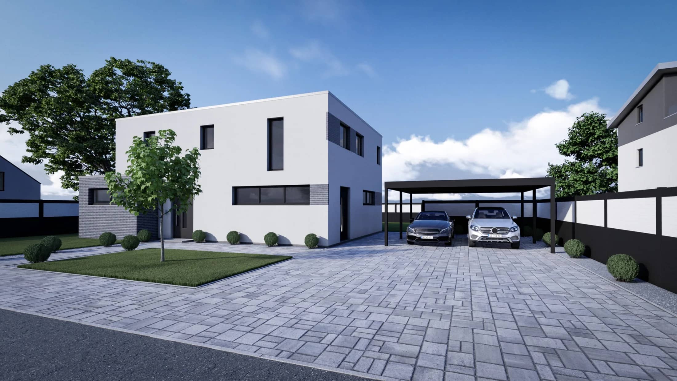 Visualisierung eines kubischen Aluminium-Doppelcarports