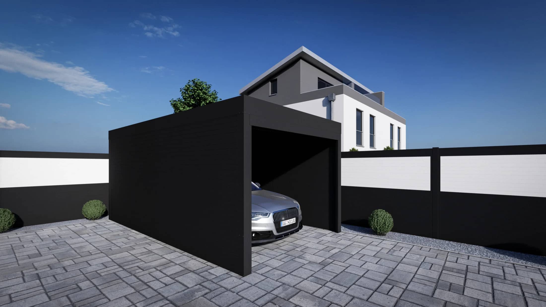 Visualisierung eines kubischen Carports mit geschlossenem Geräteraum
