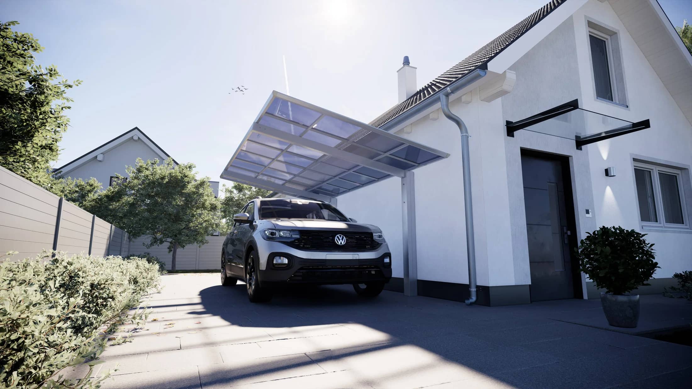 Aluminium-Designcarport L-Line an einem Wohnhaus