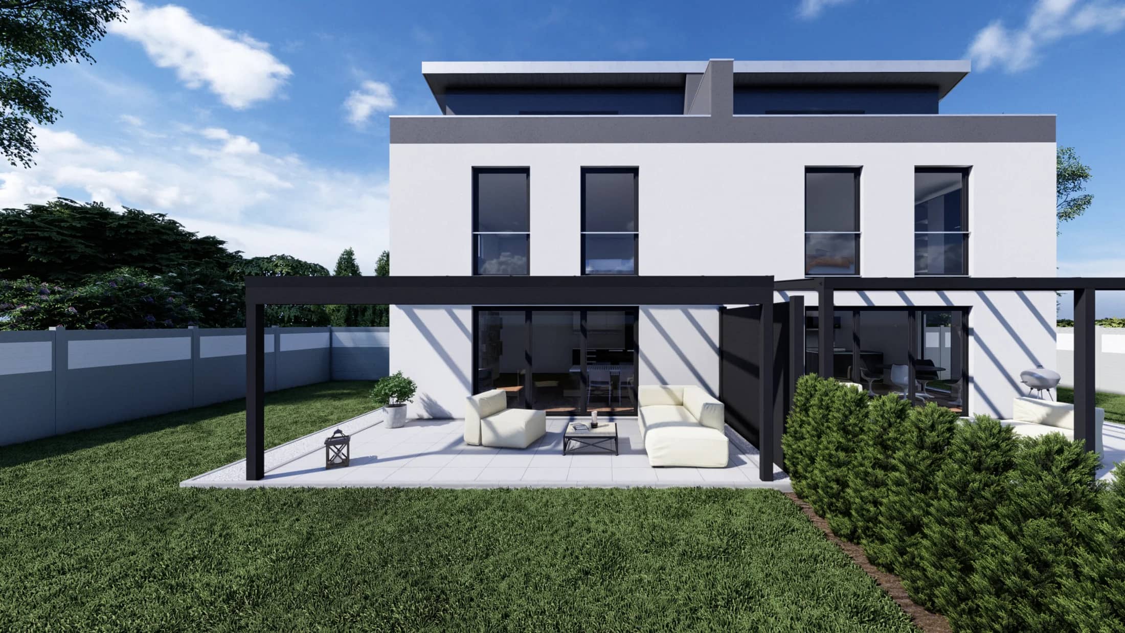 Visualisierung einer ausgebauten Aluminium-Terrassenüberdachung