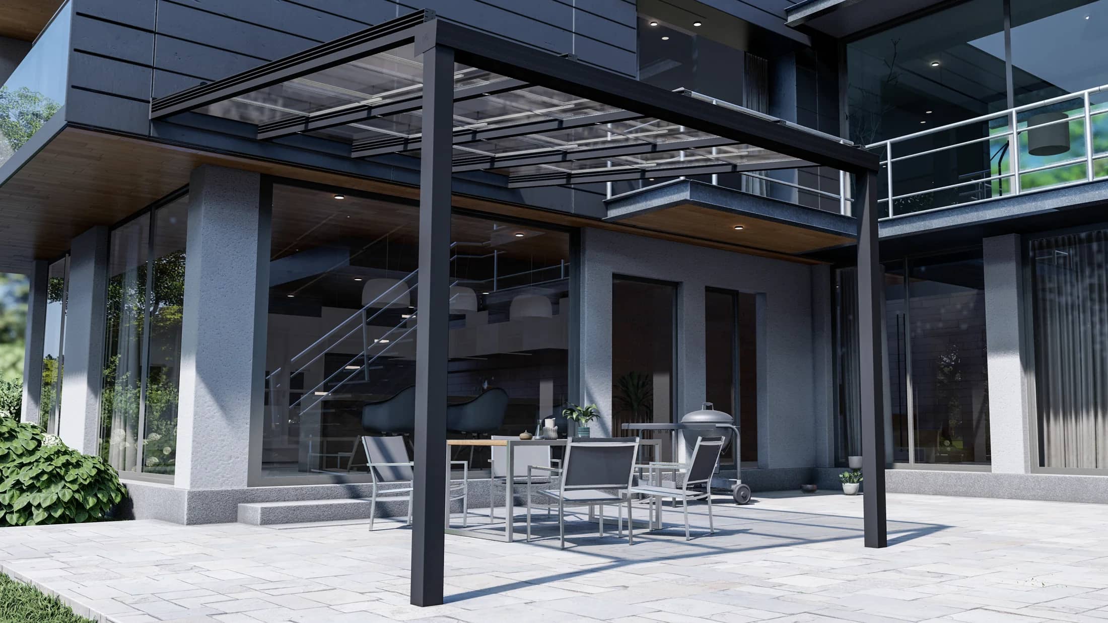 Visualisierung eines geöffneten Glasschiebedachs aus Aluminium