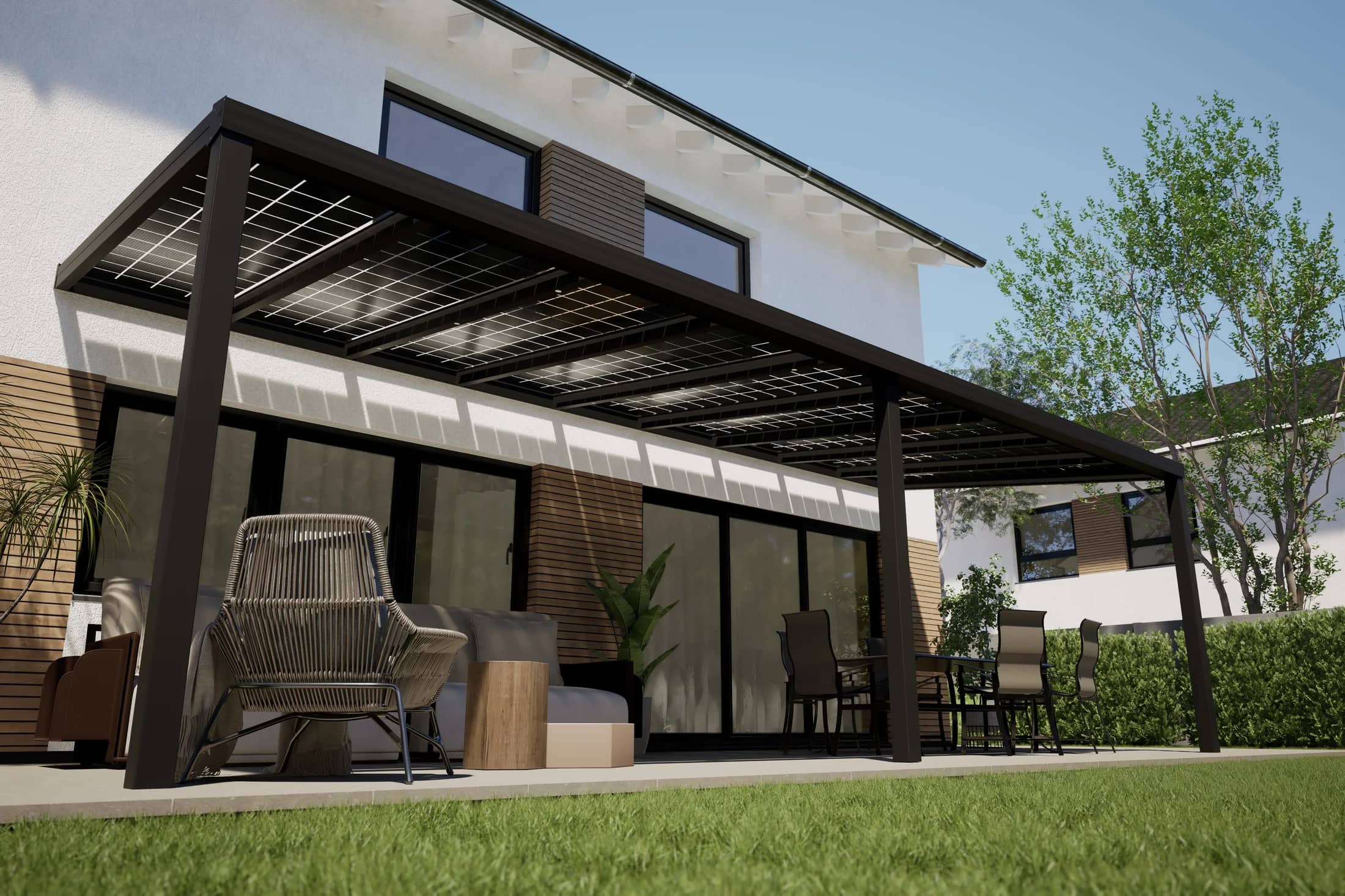 Visualisierung eines Solar-Terrassendachs mit Glas-Glas-Modulen