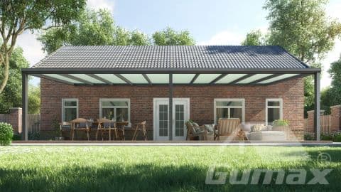 Anthrazitfarbene Terrassenüberdachung, 10,06 mal 4,00 Meter, mit Milchglas