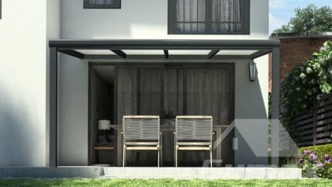 Anthrazitfarbene Terrassenüberdachung, 4,06 mal 3,00 Meter, mit opalem Polycarbonat