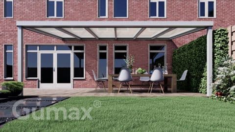Weiße verstärkte Terrassenüberdachung, 6,06 mal 3,50 Meter, mit opalem Glas