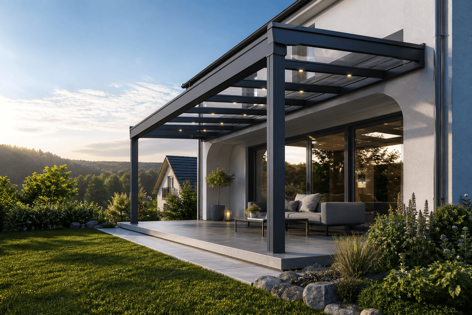 Moderne Aluminium-Terrassenüberdachung an einem Einfamilienhaus